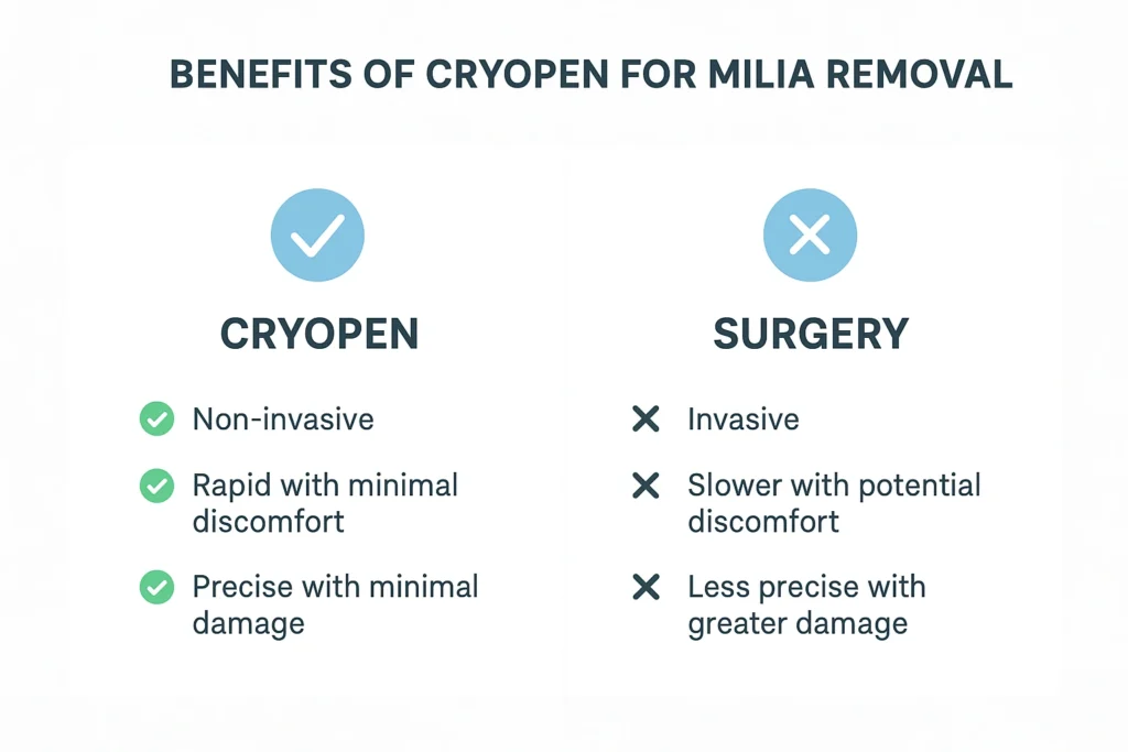 Benefits of cryopen for milia removal Barry compared to surgical treatments.