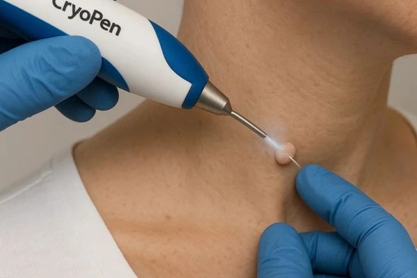 Person receiving cryotherapy Barry for skin tag removal