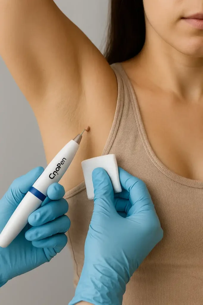 woman having cryopen to remove underarm skin tags Barry