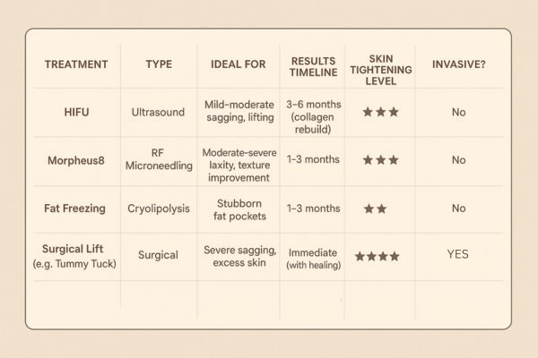 Table showing the comparisons of Skin tightening Barry treatment options.